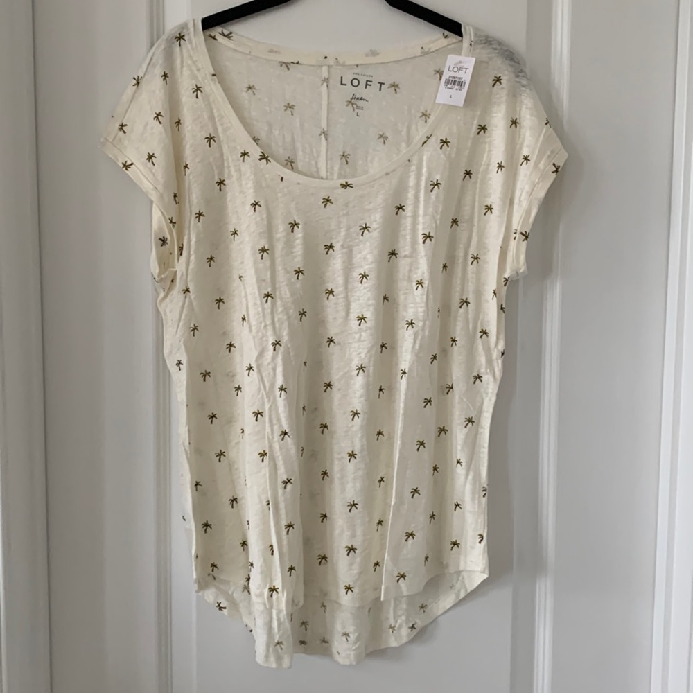 NWT LOFT 100% Linen Palm Tree Print Scoop Neck Short Sleeves Top Size Large